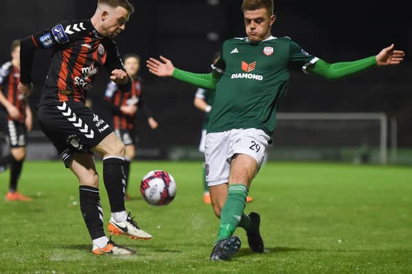 Niall gets in a timely tackle against Keith Ward of Bohemians during a Premier Division match at Dalymount Park in 2018. Picture by David Fitzgerald/Sportsfile