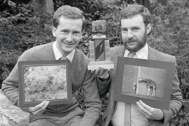 Zooming in on top prizes at the Belfast Zoo camera competition in December 1988 are Stewart Mateer, left, and Balfour Stalker, both from Belfast. Stewart's 'cat' took the visitors' award while Balfour was club champion by more than a zebra's neck. Picture: News Letter archives