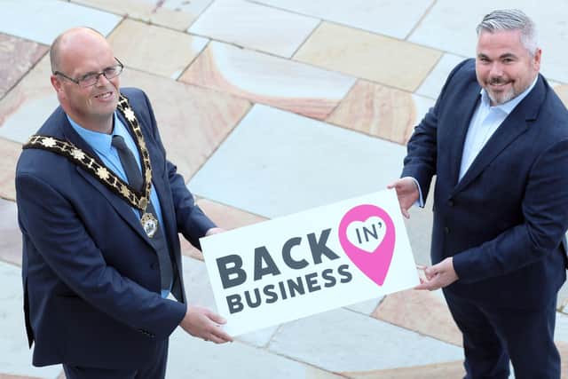 Mayor of Antrim and Newtownabbey, Cllr Jim Montgomery was joined by Gerry McKibbin, Department for Communities to promote almost £1 million funding for businesses across the retail and tourism sectors of the borough.