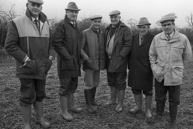 Match judges: William King, Des Wright, James McGladdery, Stanley Erwin, Lawrence McMillen and Dawn Wright at the Drummaul Ploughing Society's annual event at Gracehill, Co Antrim, in December 1988. Picture: Farming Life archives