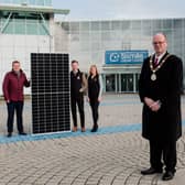 Mayor of Antrim and Newtownabbey, Councillor Jim Montgomery and Chair of Operations Committee, Councillor Robert Foster are joined by Start Solar representatives to promote the new solar panels at Sixmile Leisure Centre