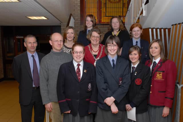 Participants and schools' representatives pictured with Larne branch president Helen Elton anv vice president Ashley Ramsay at the public speaking competition held in Larne Grammar School. LT48-302-PR