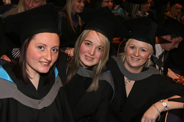 Joanne Moore, Jill Scott and Hayley Vance, wait to collect their Foundation Science Degree  in Travel & Tourism Management at the North West Regional College annual Graduation ceremony held in The Millennium Forum.(0901T01)