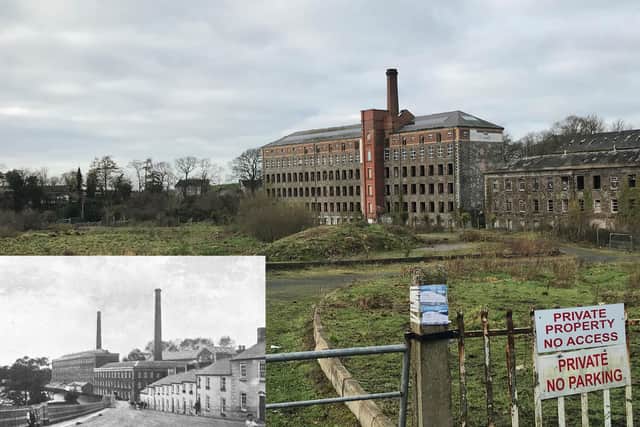 The current site of Gilford Mill which is in a poor state of repair. Inset is how the mill looked early last century.