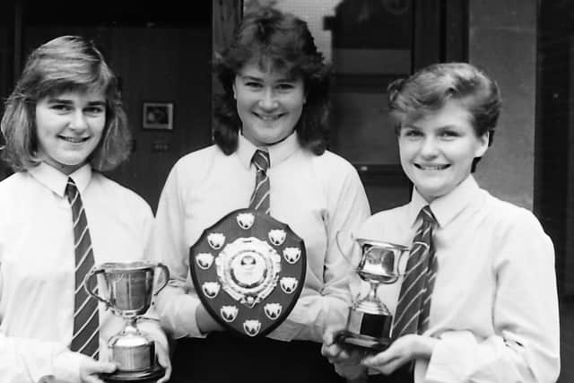 The proud prizewinners at Strathearn College's speech day in October 1987 included, from left, Jill Christie, Dale Tinsley and Catherine Lyttle. Picture: News Letter archives