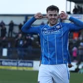 Ben Doherty celebrates after scoring the winning goal against Glentoran earlier in the season. Picture by Brian Little/INPHO