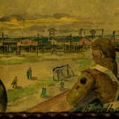 Watercolour painting of Sandbostel Concentration Camp by a German POW. The Coleraine Battery took over guard duties at Sandbostel and Belsen camps following their liberation in 1945 (courtesy Coleraine Museum)