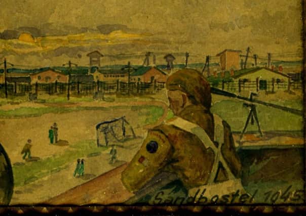 Watercolour painting of Sandbostel Concentration Camp by a German POW. The Coleraine Battery took over guard duties at Sandbostel and Belsen camps following their liberation in 1945 (courtesy Coleraine Museum)
