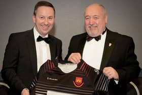 Brian Donaldson, Chief Executive Officer, The Maxol Group with former Carrickfergus RFC President William McKeown.