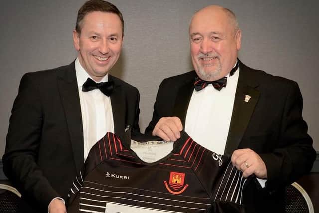 Brian Donaldson, Chief Executive Officer, The Maxol Group with former Carrickfergus RFC President William McKeown.