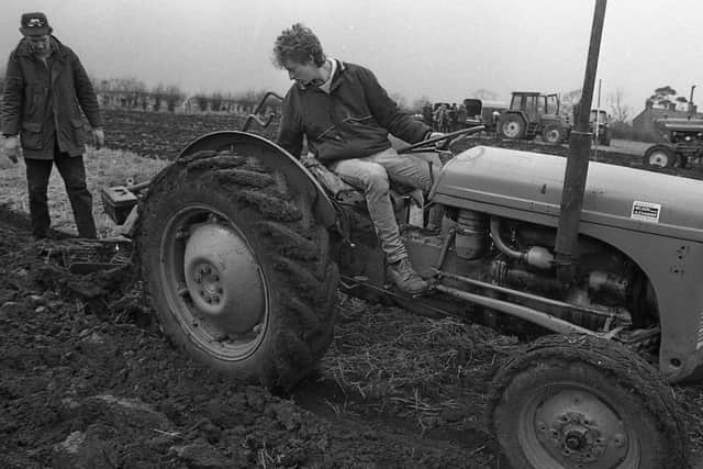 17-year-old Andrew Percy from Randalstown, Co Antrim, competes in the beginners class during the Drummaul Ploughing Society's annual event at Gracehill, Co Antrim, in December 1988. Picture: Farming Life archives