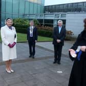 The new High Sheriff of County Londonderry, Paula McIntyre MBE, accepts the Chain of Office at Cloonavin as the Lord Lieutenant of County Londonderry Alison Millar, Mayor of Causeway Coast and Glens Borough Council, Alderman Mark Fielding, and the outgoing High Sheriff Ross Wilson, look on