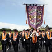 Portadown District colour party with Drumcree church in the background. Picture:  Freddie Parkinson/Press Eye