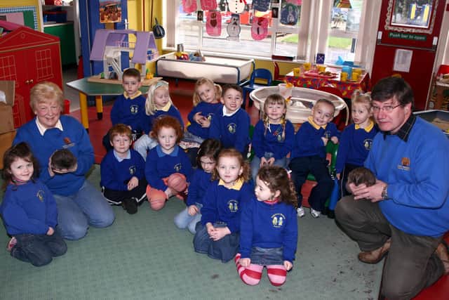 Venessa and Nigel Reavey from the Happy Hedgehog Rescue Centre pictured with children on their visit to Ballymena Nursery School. BT6-001JM.