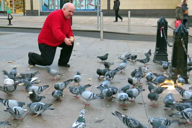 Leslie Harrison feeding the pigeons.