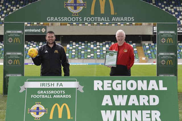 Billy O’Flaherty MBE (right) who has been announced as one of two finalists for the People’s Award in the McDonald’s Irish FA Grassroots Football Awards for 2020.