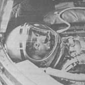Commander Alan Shepard, the United States astronaut, is photographed lying in his space capsule, Freedom 7, waiting for the blast-off in May 1961. This was a special "radio picture" which had been sent to the News Letter's office on the day that Commander Shepard had gone into space, hot on the heels of the Soviet Union's cosmonaut Yuri Gagarin (Gagarin went to space on April 12, 1961 while Shepard went into space on May 5, 1961).