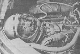 Commander Alan Shepard, the United States astronaut, is photographed lying in his space capsule, Freedom 7, waiting for the blast-off in May 1961. This was a special "radio picture" which had been sent to the News Letter's office on the day that Commander Shepard had gone into space, hot on the heels of the Soviet Union's cosmonaut Yuri Gagarin (Gagarin went to space on April 12, 1961 while Shepard went into space on May 5, 1961).