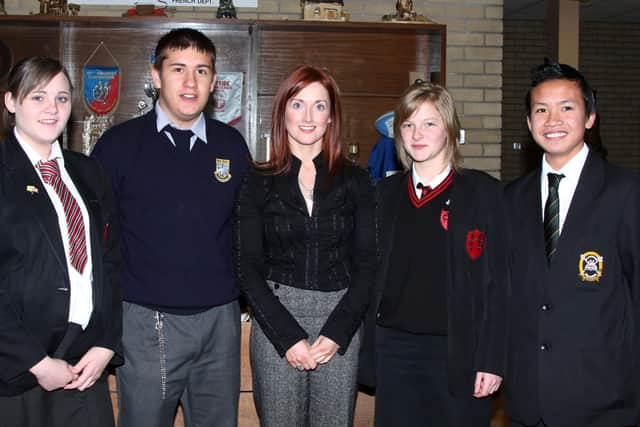 St Patrick’s College teacher Miss McDonnell is seen here with students from St Patrick’s College, Ballee Community High School, Monaghan Collegiate and Deele College, Co Donegal who attended last week’s presentation ceremony which was held to celebrate the success of ‘Parlez-vous rugby’. Included are L-R, Megan (Ballee High School), Michael (Deele College), Joanne (Monaghan Collegiate) and Stephen (St Patrick’s). BT48-109JC