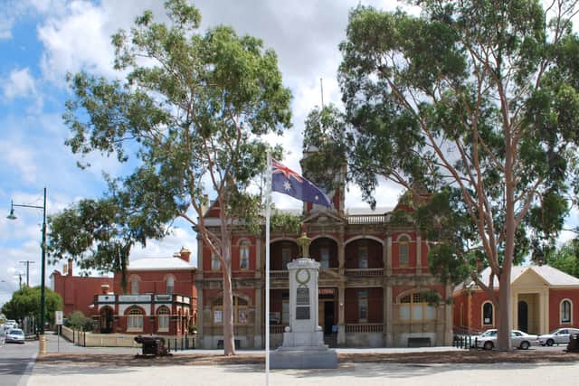 Brassey Square, the civic centre of Eaglehawk, Victoria, Australlia. The complex includes the former post office on the left, the former town hall in the centre and the Mechanics Institue on the right. Behind the buildings, out of shot, is the former court house. A war memorial is in the foreground. Picture: Wikimedia