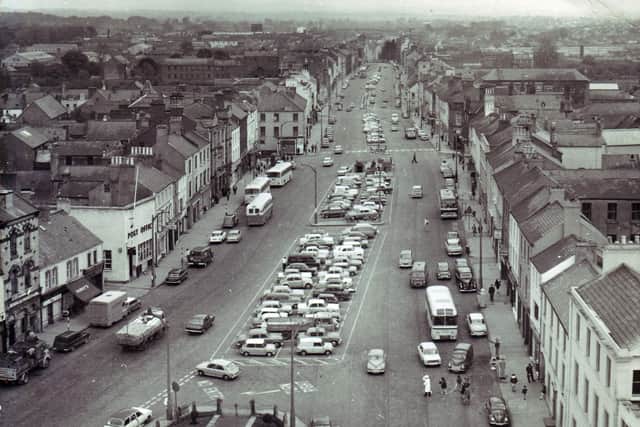 A photograph of Lurgan Town Centre taken from the bell tower of Shankill Parish Church in the 1960s