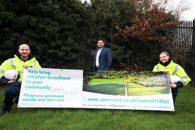 Michael Gaw, CFP lead at Openreach Northern Ireland, with  Leanne Watson and Matthew Murray, build team members.