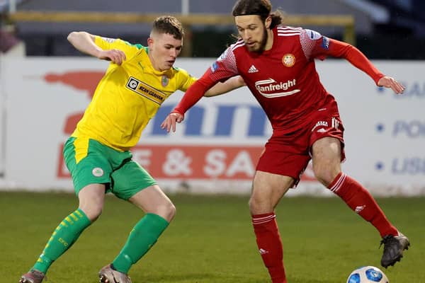 Ben Tilney (right) during Saturday's 1-1 draw with Cliftonville at Shamrock Park. Pic by Pacemaker.