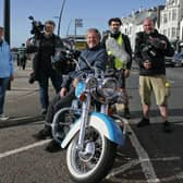 Adrian Dunbar with the film crew from Channel 5's Coastal Ireland in Portstewart. Photo by Alastair McCook (repro free).