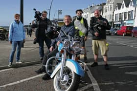 Adrian Dunbar with the film crew from Channel 5's Coastal Ireland in Portstewart. Photo by Alastair McCook (repro free).