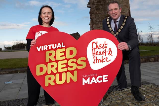 Tara Currie from NI Chest Heart & Stroke with Chair of Mid Ulster District Council, Councillor Cathal Mallaghan.
