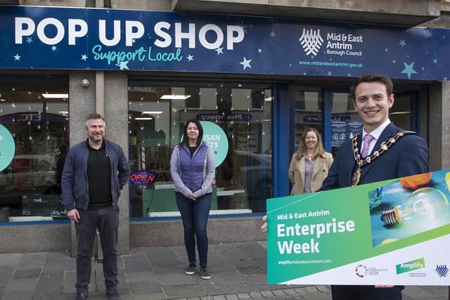 The Mayor, Cllr Peter Johnston, highlighting a previous pop-up shop initiative for Carrickfergus.
