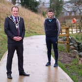 Chair of the Council, Councillor Cathal Mallaghan is pictured with Damian McCaul, Donaghmore and District Development Association at the Donaghmore Riverside Walk, one of the 6 locations in the district to benefit from the £700K EU Peace IV-funded ‘Shared Space’ project.
