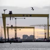 Sunset over the Harland and Wolff cranes in Belfast