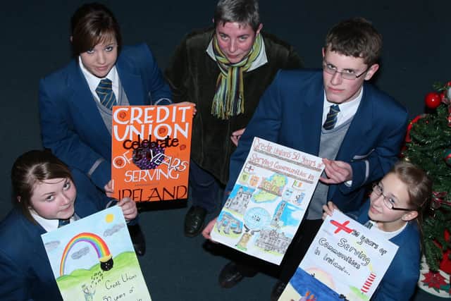 Slemish College students who were winners in a poster competition to design a poster to celebrate the fiftieth anniversary of the Credit Union in Ireland. Seen here with art teacher Mrs Mulvenna are Hayleigh Minshall, Cod Taggart, Andrew Warwick and Hayley Curry. BT52-113JC