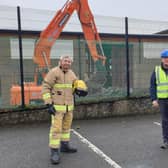 Watch Commander Tommy Torbitt from Northern Ireland Fire and Rescue Service and Seamus Woulahan of Seaview Developments outside Larne Fire Station which is currently being refurbished.