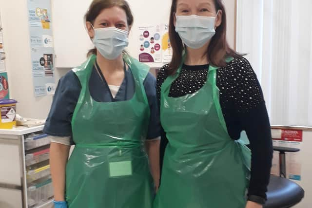 Ellen Nixon IMPACTAgewell Project Officer and Karen Gillen (practice Nurse) at Waveney Medical Practice COVID Clinic