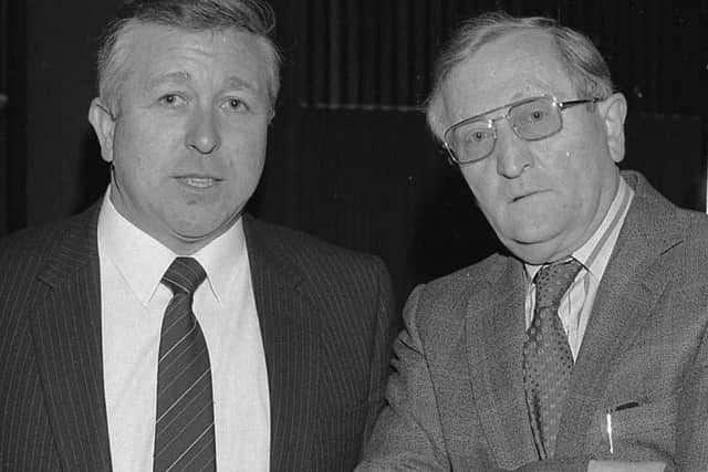 Mr Jack Harris, the newly-elected president of the Ulster Grassland Society, with outgoing president Mr Robert Houston, at the society's conference which was held at Balmoral in February 1982. Picture: Farming Life archives