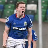 Linfield's Shayne Lavery celebrates after scoring against Larne. Pic by Pacemaker.