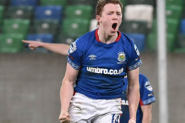 Linfield's Shayne Lavery celebrates after scoring against Larne. Pic by Pacemaker.