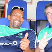 The late great Roy Torrens gives the thumbs up along with former Ireland coach Phil Simmons. Mr Torrens was named as winner of the ‘Outstanding Contribution and Service to Irish Cricket’ category - an award dedicated to the memory of the late John Wright. Picture courtesy Barry Chambers