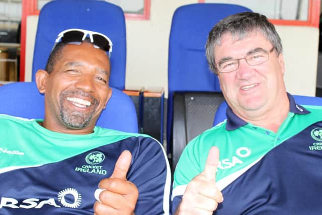 The late great Roy Torrens gives the thumbs up along with former Ireland coach Phil Simmons. Mr Torrens was named as winner of the ‘Outstanding Contribution and Service to Irish Cricket’ category - an award dedicated to the memory of the late John Wright. Picture courtesy Barry Chambers