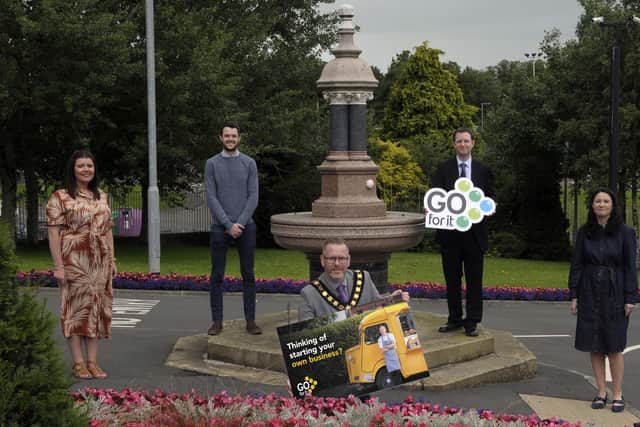 Lord Mayor Councillor Kevin Savage with Cara Dallat (CIDO), Samuel Marshall (Banbridge Enterprise Centre), Fiona Quinn and Dermot Hicks (Armagh Enterprise Agency) pictured at Banbridge Civic Building at the launch of "Go For It" programme, ©Edward Byrne Photography