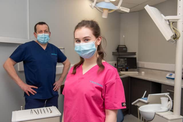 Dental Nursing Level 3 Apprentice Niamh McHenry pictured with Dr. Jamie Pirie of Braid Dental. (Pic Martin McKeown)