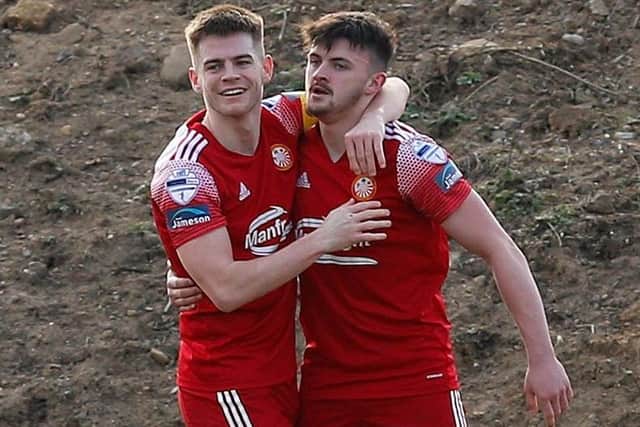 Lee Bonis (right) and Portadown captain Luke Wilson on Saturday. Pic by Pacemaker.
