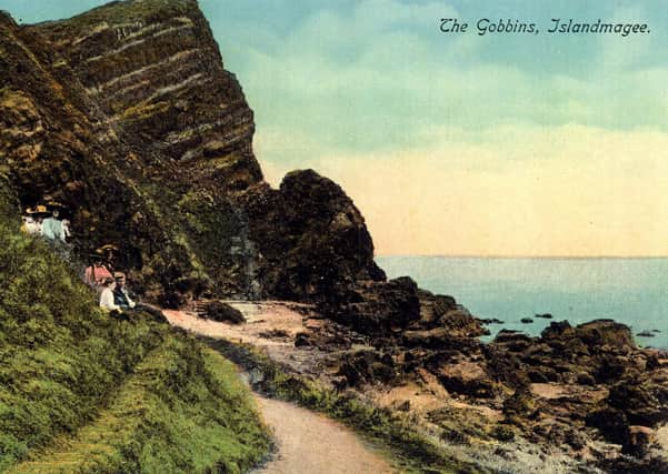 An old postcard depicts the scenic splendour of the Gobbins cliffs, Co Antrim. Picture: Larne Times archive