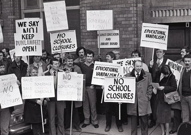 More than 50 teachers had launched the campaign to save the schools threatened with the axe. Teachers from Dunlamber Boys' and Somerdale Boys' Secondary Schools protesting outside the Belfast Education and Library Board office in February 1982. In a statement issued to the News Letter the teachers stated: “There is not a single educational reason to justify the decision to close either of these schools. It will effectively destroy an exercise of parental choice of schools in north Belfast. It will handicap an progress towards a properly planned rationalisation of resources in north Belfast for the next twenty years.” The staff at Somerdale school had blocked the Crumlin Road for 30 minutes during their lunchtime before joining their Dunlambert colleagues in a delegation to the board headquarters in Academy Street. Picture: News Letter archives