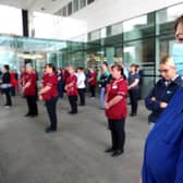 PACEMAKER, BELFAST, 28/4/2020: Staff at the Royal Victoria Hospital, Belfast observe the minute's silence in honour healthcare staff who have died during the Coronavirus pandemic.PICTURE BY STEPHEN DAVISON