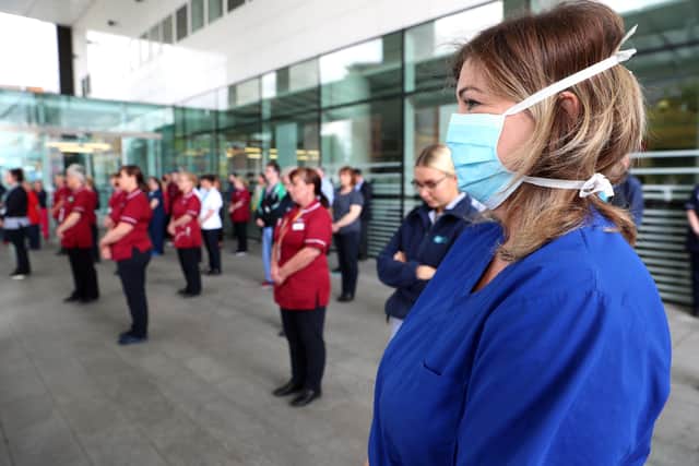 PACEMAKER, BELFAST, 28/4/2020: Staff at the Royal Victoria Hospital, Belfast observe the minute's silence in honour healthcare staff who have died during the Coronavirus pandemic.
PICTURE BY STEPHEN DAVISON