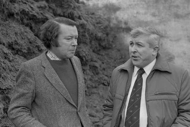 Lord Dunleath with farm manager, Jack Harris, who was also the newly elected president of the Ulster Grassland Society on the farm of Dunleath Estates, Ballywalter, Co Down, in February 1982. Picture: Farming Life archives