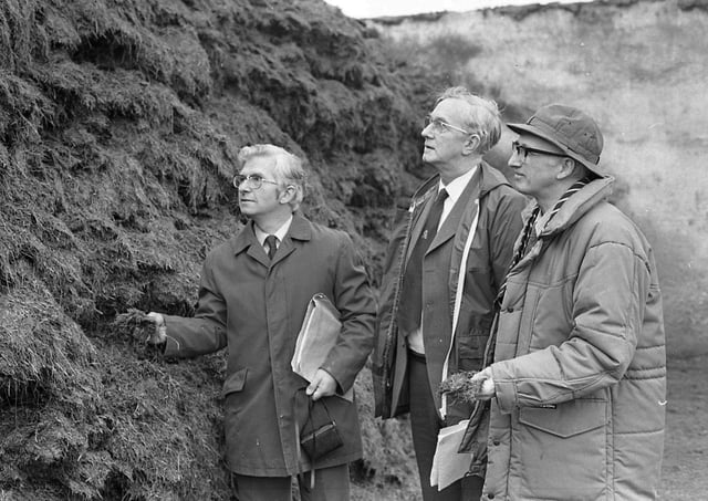 Judging of silage on the farm of Dunleath Estates, Ballywalter, Co Down, in February 1982, which was to go into the final of the British Grassland Society's UK competition. The judges were Mr Alan Kyle, the winner in 1981, Mr Ken Nelson of ICI, and Mrs Alan Edwards, East of Scotland Agricultural College. Picture: Farming Life archives